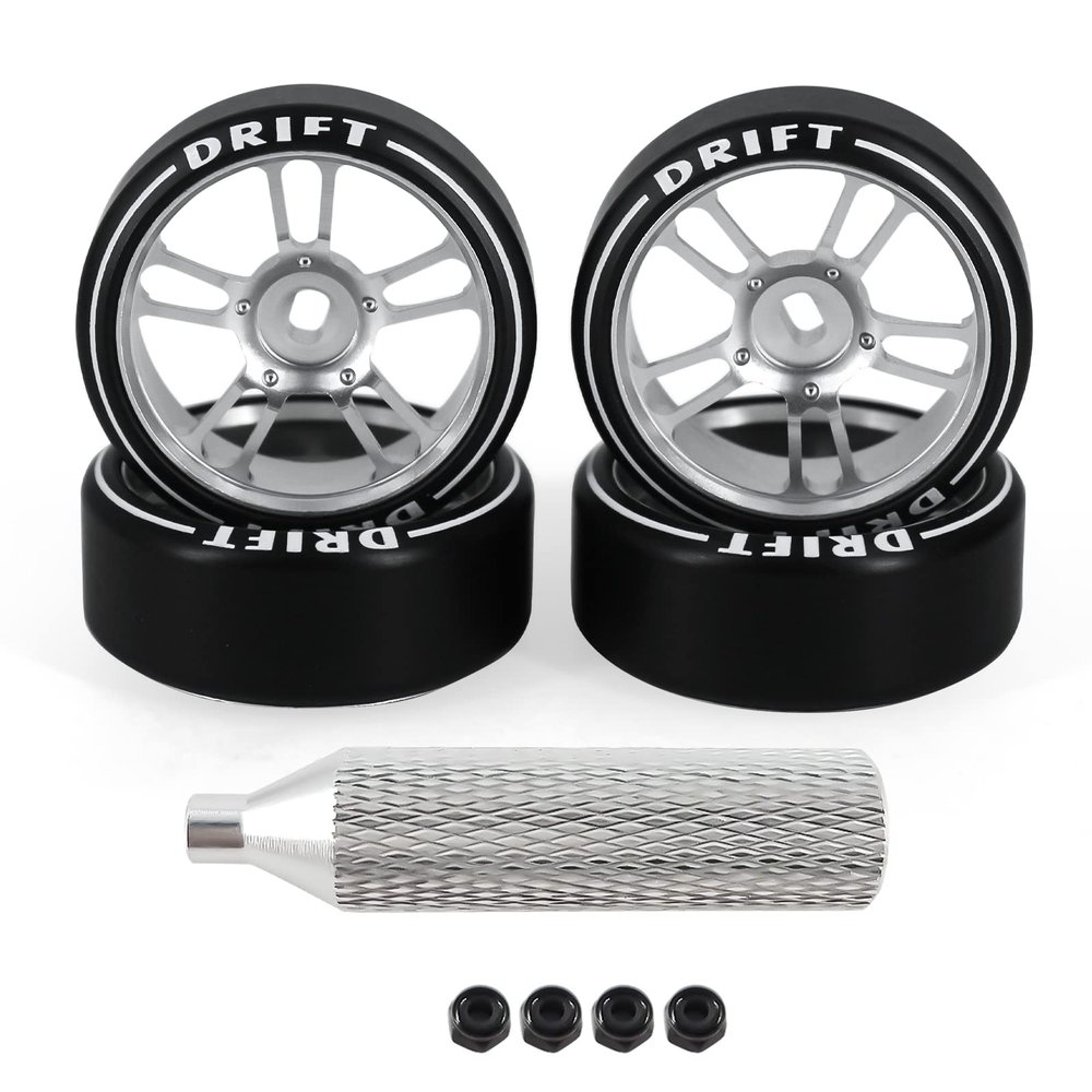 Abendor 4Pcs 10 Spoke 22.4mm 1/28 Rc Car Drift Wheel Hub with Logo Rc Car Drift Tires,[2N+2W] Durable for 1/28 Mini-Q HGD1 Mini-Z DRZ Wltoys K969 RC Drift Car Upgrade Parts (Silver)