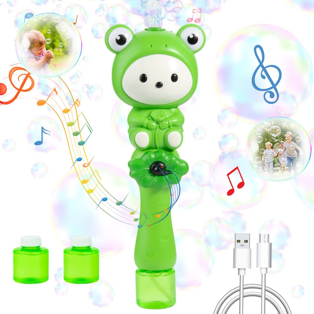 Electric Bubble Wand for Kids, Cute Cartoon Frog Design, Music & LED Light, Rechargeable Party Accessories for Boys and Girls (Perfect Party Tool)