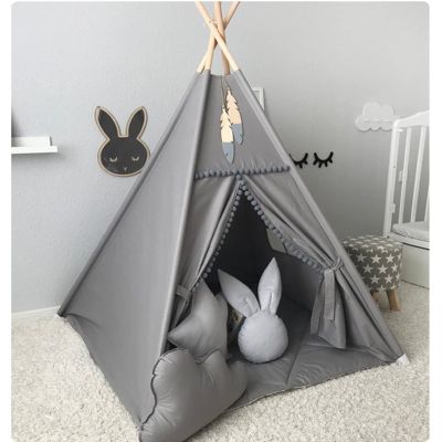 RONGFA Kids Teepee Tent with White Pom Pom - Indoor Play Teepee for Children Boys Portable Play House (Grey)