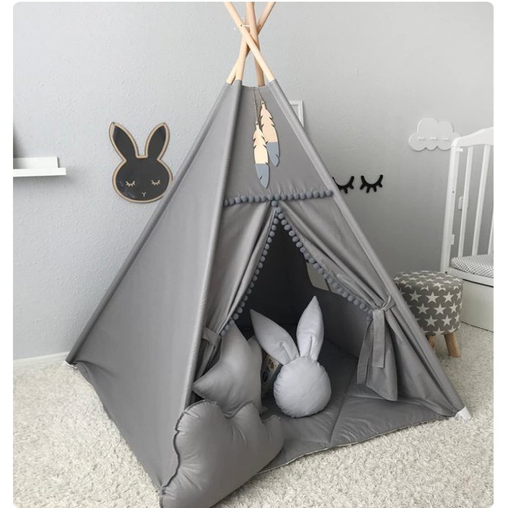 RONGFA Kids Teepee Tent with White Pom Pom - Indoor Play Teepee for Children Boys Portable Play House (Grey)