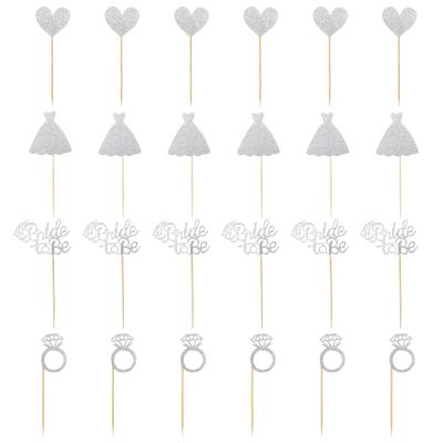 24 Pcs Glitter Bride Cupcake Toppers Silver Bridal Shower Cupcake Picks with Heart Ring Dress for Wedding Engagement Anniversary Party Cake Decorations