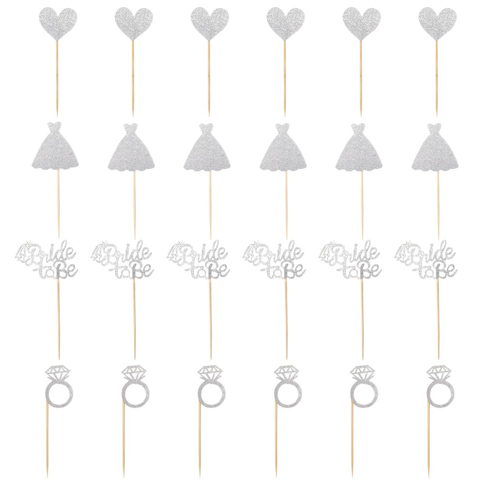 24 Pcs Glitter Bride Cupcake Toppers Silver Bridal Shower Cupcake Picks with Heart Ring Dress for Wedding Engagement Anniversary Party Cake Decorations