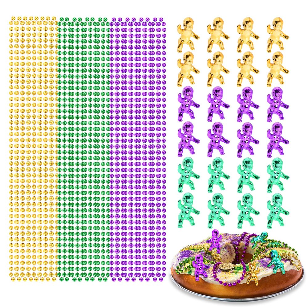YAXINRUI Mardi Gras Beads Necklaces and King Cake Babies, Multi Colors 24Pcs Party Beads Necklaces + 24Pcs Mini Plastic Babies Mardi Gras Accessories for Mardi Gras Party, Party Favors