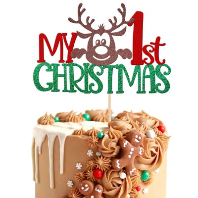 1 PCS My 1st Christmas Cake Topper Assembled Glitter Baby Shower First Christmas Deer Cake Pick for Merry 1st Christmas New Year Holiday Baby Shower Kids Birthday Party Cake Decorations Supplies
