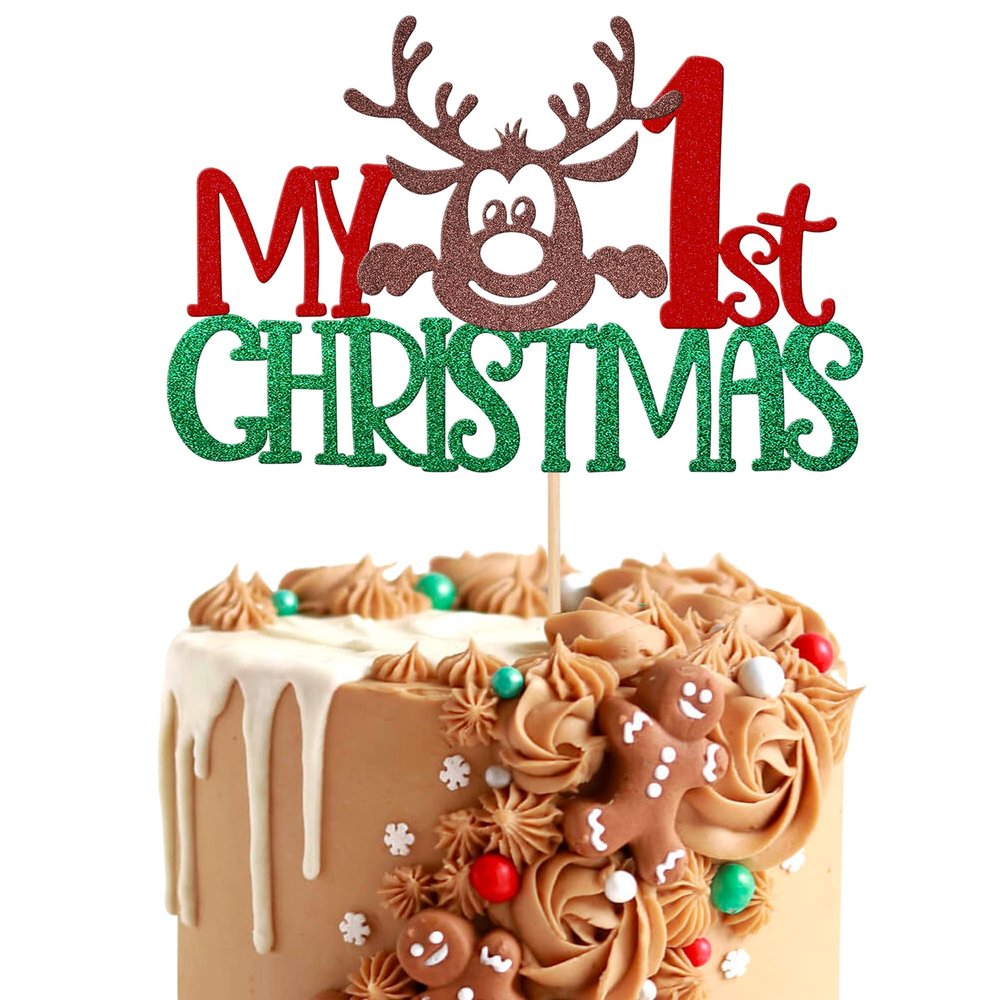 1 PCS My 1st Christmas Cake Topper Assembled Glitter Baby Shower First Christmas Deer Cake Pick for Merry 1st Christmas New Year Holiday Baby Shower Kids Birthday Party Cake Decorations Supplies