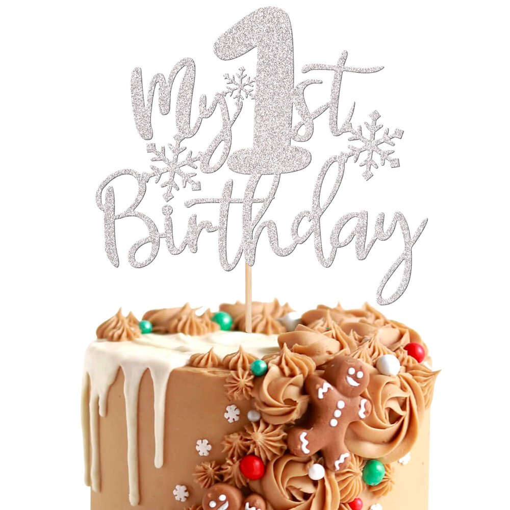 1 PCS My 1st Birthday Cake Topper Assembled Glitter First Birthday Snowflake Cake Pick Winter Frozen Snowflake Cake Decoration for Winter Wonderland Baby Shower Kids 1st Birthday Party Supplies Silver