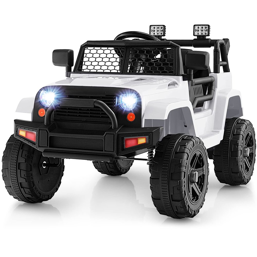 HONEY JOY Ride On Truck, 12V Battery Powered Vehicle Ride On Car with Remote Control, Spring Suspension, Headlights, Music, Mesh Windshield, Electric Cars for Kids, Gift for Boys Girls 3+ (White)