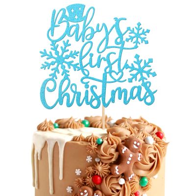 1 PCS Snowflake Baby's 1st Christmas Cake Topper Assembled Glitter Baby Shower Xmas Winter Snowflake Cake Pick for Merry Christmas New Year Holiday Birthday Party Cake Decorations Supplies Blue
