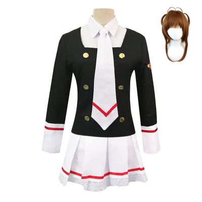 Anime Card Captor KINOMOTO School Girls Uniform Sailor Navy Blue Pleated Skirt Cosplay Costumes(S,Black-w)