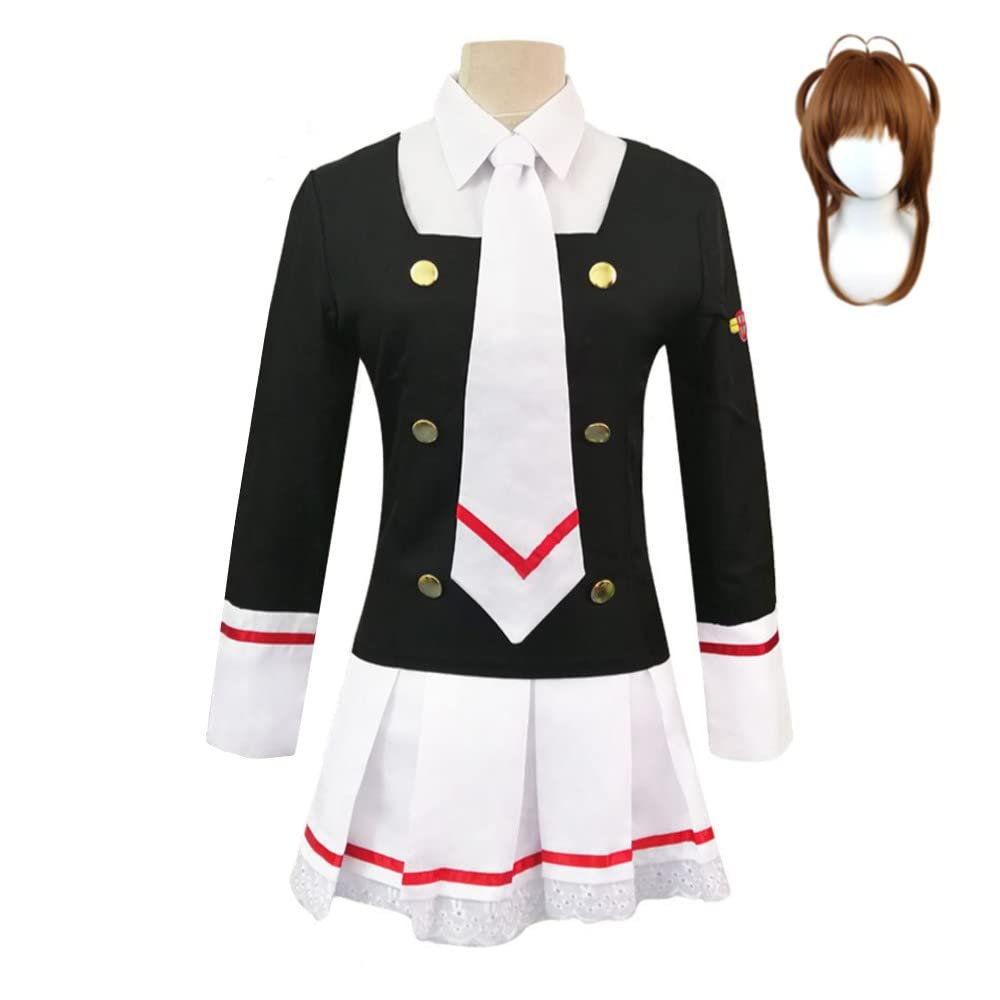 Anime Card Captor KINOMOTO School Girls Uniform Sailor Navy Blue Pleated Skirt Cosplay Costumes(S,Black-w)