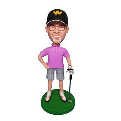 Mydedor Custom Bobble-Heads Figures Male Golfer Purple Shirt Figurines Customized Doll, Bobble Head Figures Handmade Personalized Car Dashboard Birthday Gift for Dad Friend Businessman Coworker