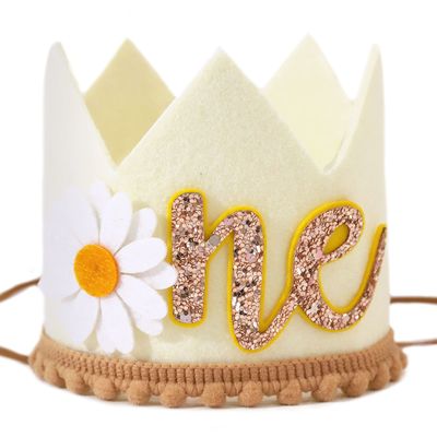 Agkvw Daisy 1st Birthday Crown - Groovy Hippie Style Costume Headwear, Felt Cloth, Handmade, Reusable, Velcro and Elastic Bands, Cream Brown Yellow/Orange, First Birthday Decoration for Girls
