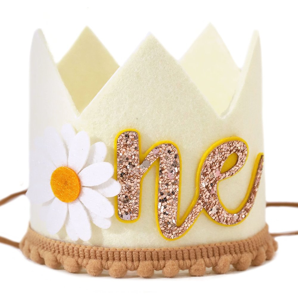Agkvw Daisy 1st Birthday Crown - Groovy Hippie Style Costume Headwear, Felt Cloth, Handmade, Reusable, Velcro and Elastic Bands, Cream Brown Yellow/Orange, First Birthday Decoration for Girls
