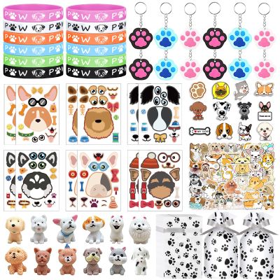 122Pcs Dog Party Favors Gift Set for Kids Dogs Birthday Party Supplies Include 12 Dogs DIY Face Stickers 12 Dogs Bags 12 Keychains 12 Bracelets 50 Stickers for Puppy Parties Favors