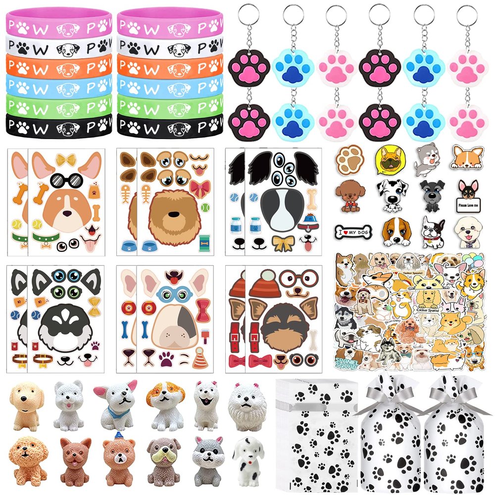 122Pcs Dog Party Favors Gift Set for Kids Dogs Birthday Party Supplies Include 12 Dogs DIY Face Stickers 12 Dogs Bags 12 Keychains 12 Bracelets 50 Stickers for Puppy Parties Favors
