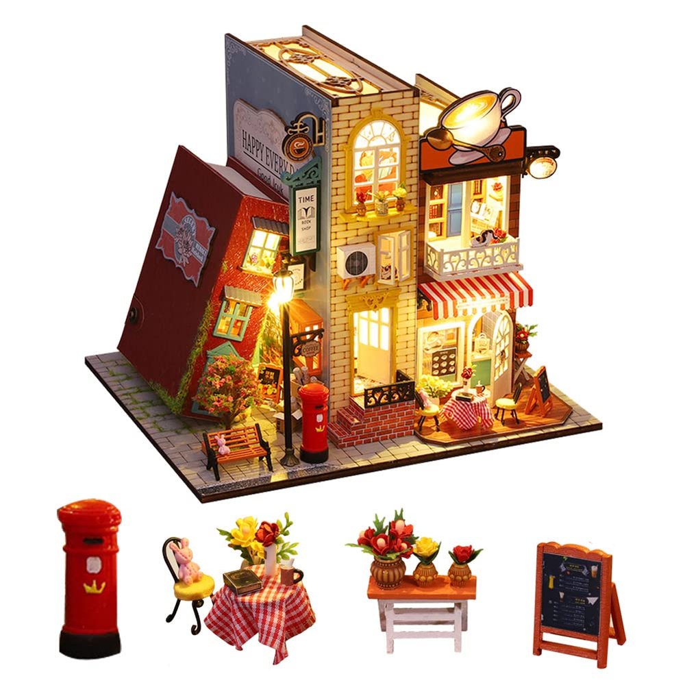 Miniature Book Shaped Cat Coffee House Cafe Model Wooden Handmade Dolls House DIY Dollhouse Furniture Kit Kid Puzzle Toy New Year Gift for Boy Girl
