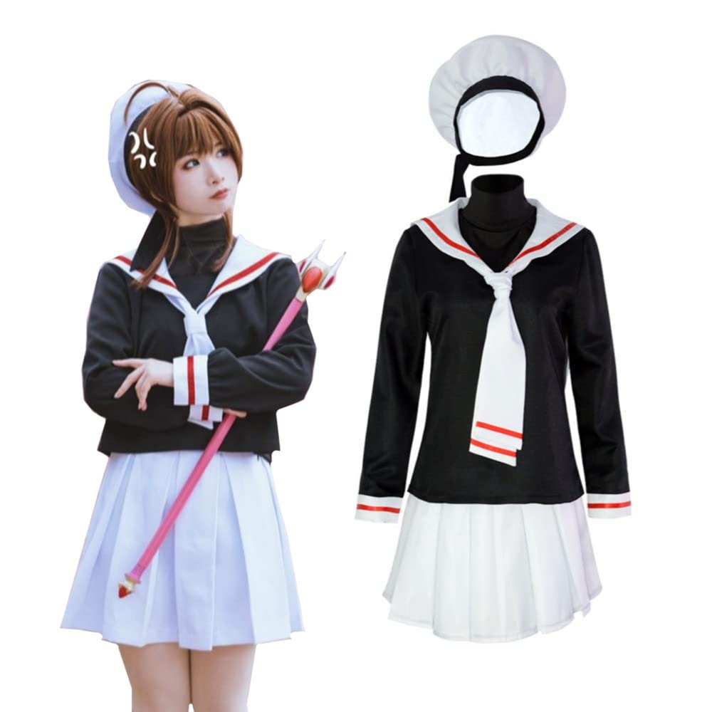 Anime Card Captor KINOMOTO School Girls Uniform Sailor Navy Blue Pleated Skirt Cosplay Costumes(M,White1)