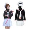 Anime Card Captor KINOMOTO School Girls Uniform Sailor Navy Blue Pleated Skirt Cosplay Costumes(M,White1) view 1