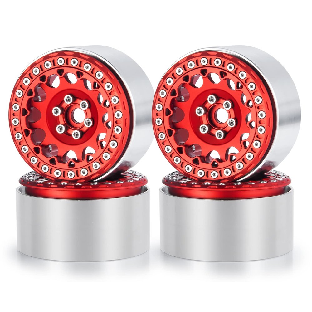 RCLIONS 2.2inch Beadlock Wheels 35mm RC Aluminum Rims for AXIAL Wraith RR10 TRX4 1/10th RC Crawler Truck Car (Red)