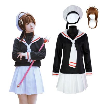 Anime Card Captor KINOMOTO School Girls Uniform Sailor Navy Blue Pleated Skirt Cosplay Costumes(L,White-W)
