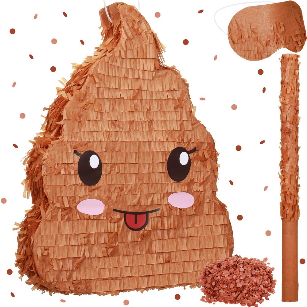 Sratte Poop Piata Bundle 16 Inches Tall Funny Poop Emoticon Piata with Blindfold and Bat and Confetti for Birthday Happy Party Decorations Kids Birthday Supplies Party Favors