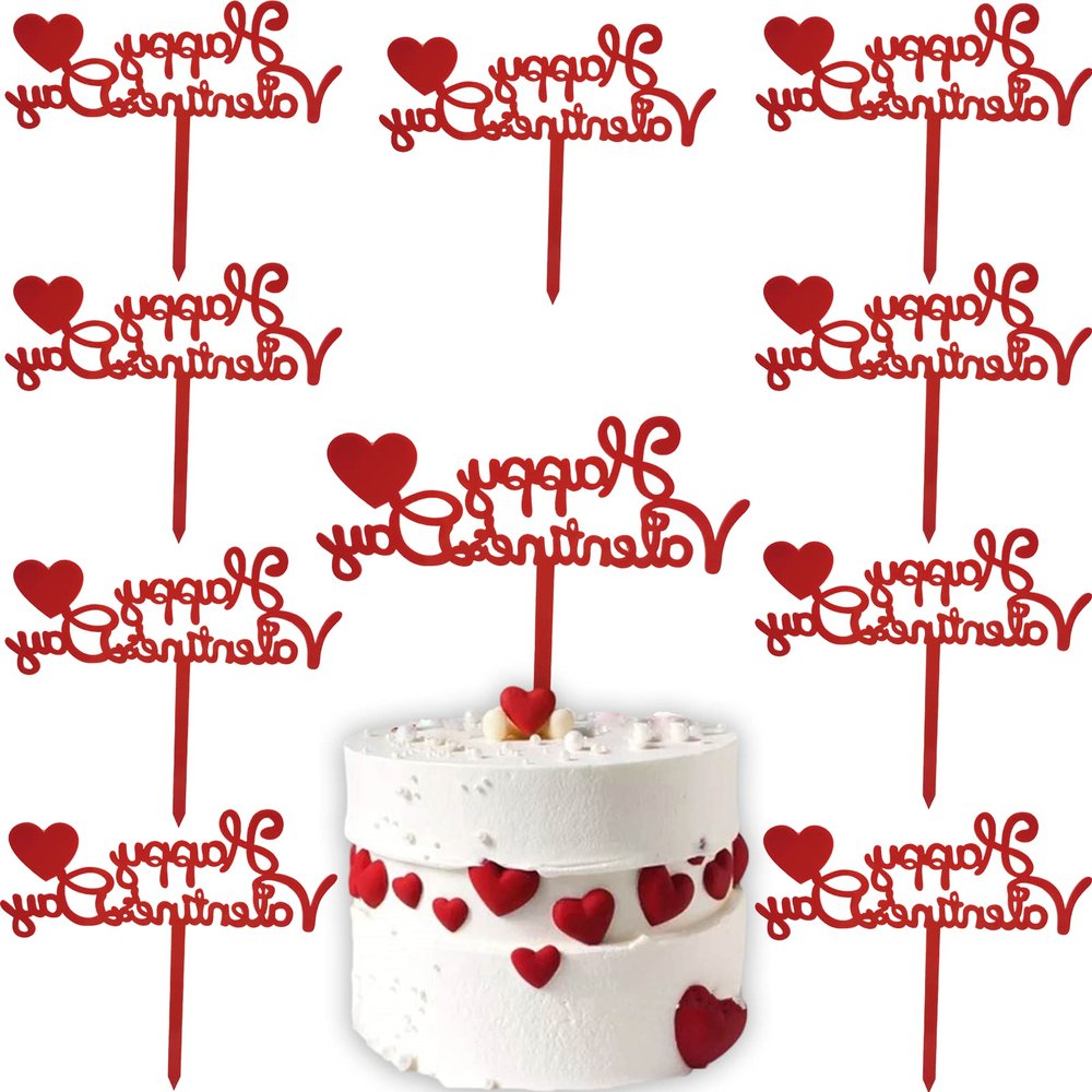 10Pcs Happy Valentine's Day Cake Topper Acrylic Cake Topper Red Valentines Day Cupcake Topper Heart Shaped Cake Picks Cake Accessories for Wedding Valentine's Day Gifts Cake Decoration Party (Red)