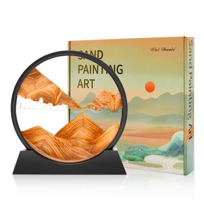 Wai Danie Moving Sand Art Picture 3D Hourglass Deep Sea Sandscape Liquid Motion Display Painting Flowing Sand Frame Relaxing Desktop Home Office Work Decor (Gold, 12 Inches)