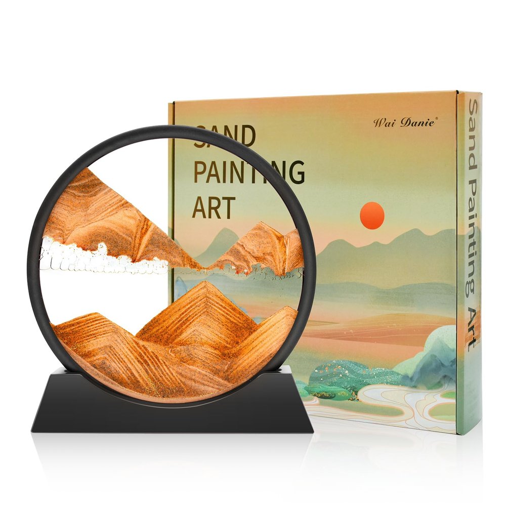 Wai Danie Moving Sand Art Picture 3D Hourglass Deep Sea Sandscape Liquid Motion Display Painting Flowing Sand Frame Relaxing Desktop Home Office Work Decor (Gold, 12 Inches)