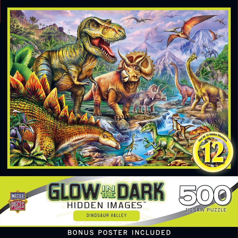 MasterPieces - 500 Piece Jigsaw Puzzle, Glows in The Dark, Hidden Images, Dinosaur Valley, Fun for Adults, Family, Kids, 15" x 21"
