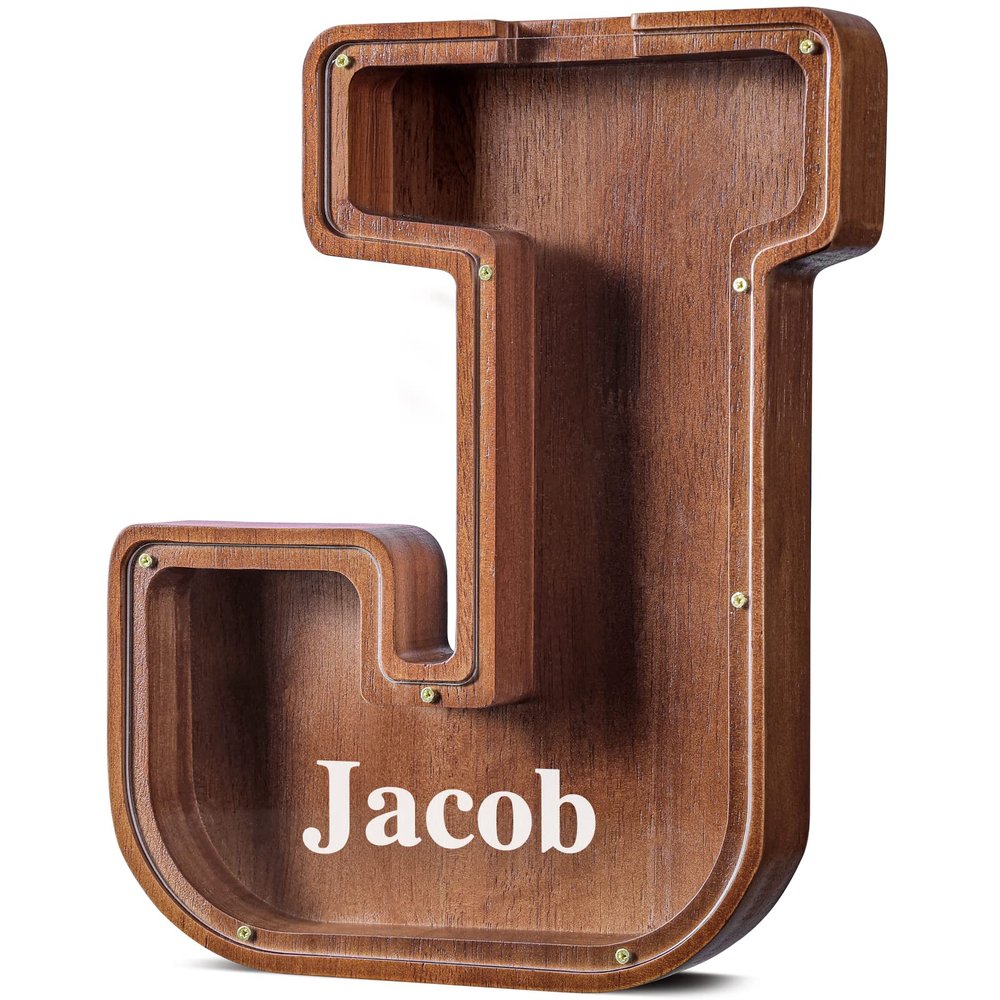 Customized Name Large Wooden Piggy Bank for Kids Boys Girls Alphabets Letter A-Z Coins Bills Money Change Bank Box Initial on Clear Cover (Laser Engraved) (Alphabet-J, Personalized-12)