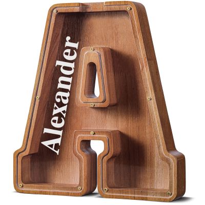 Customized Name Large Wooden Piggy Bank for Kids Boys Girls Alphabets Letter A-Z Coins Bills Money Change Bank Box Initial on Clear Cover (Laser Engraved) (Alphabet-A, Personalized-12)