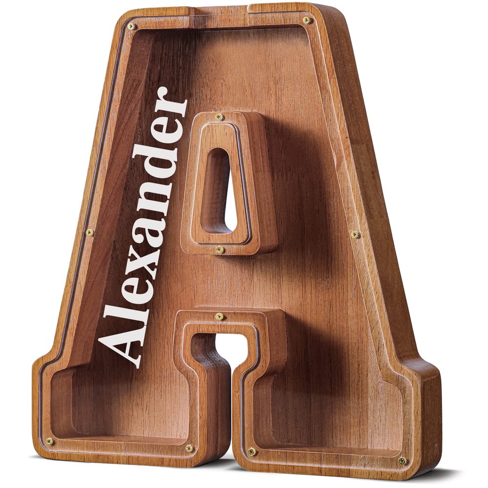 Customized Name Large Wooden Piggy Bank for Kids Boys Girls Alphabets Letter A-Z Coins Bills Money Change Bank Box Initial on Clear Cover (Laser Engraved) (Alphabet-A, Personalized-12)
