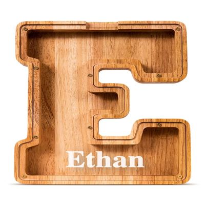 Customized Name Large Wooden Piggy Bank for Kids Boys Girls Alphabets Letter A-Z Coins Bills Money Change Bank Box Initial on Clear Cover (Laser Engraved) (Alphabet-E, Personalized-9")