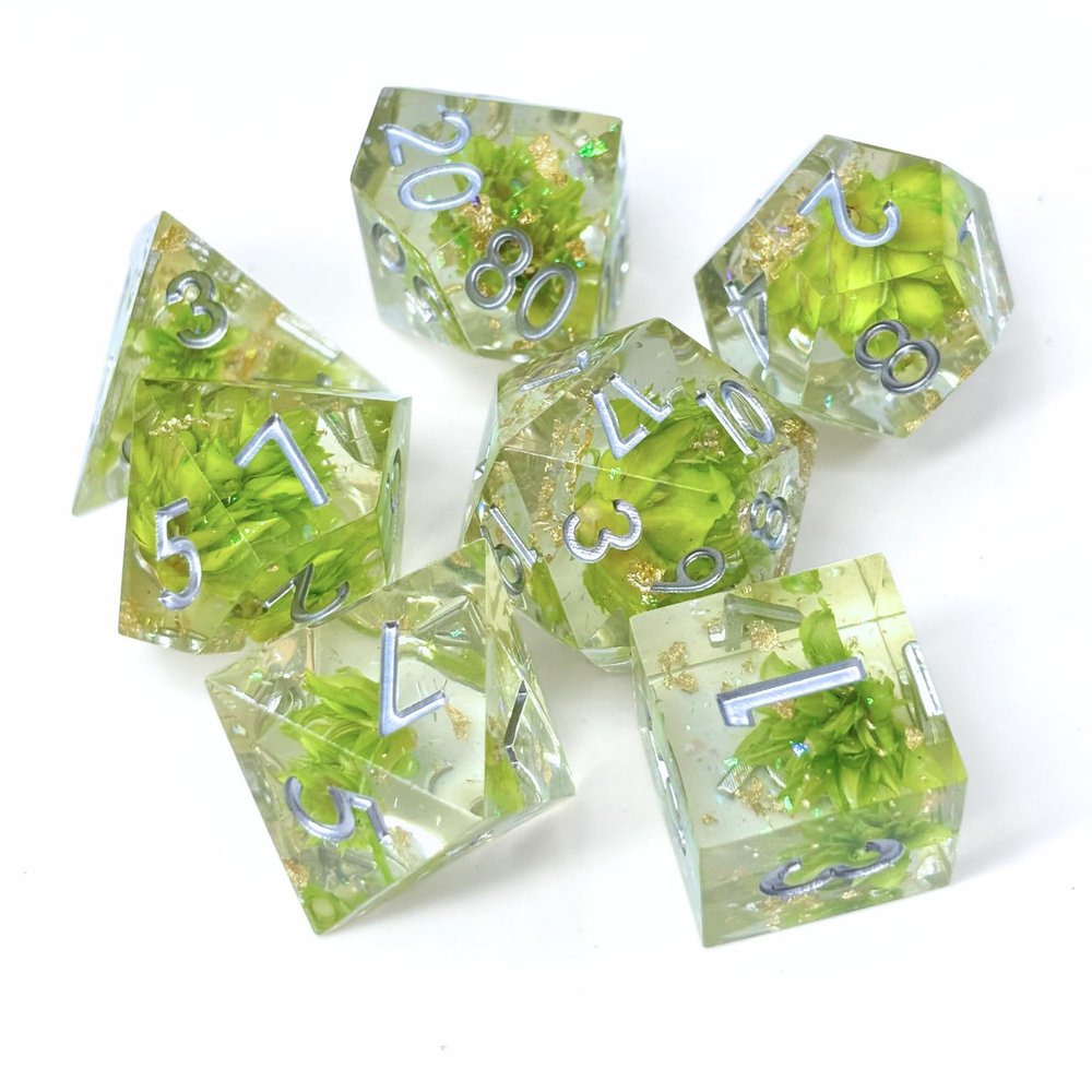 Sages Portal Enchanted Flowers DND Dice Set Resin Sharp Edge Polyhedral Dice for Dungeons and Dragons Pathfinder TTRPG (Green Flowers)