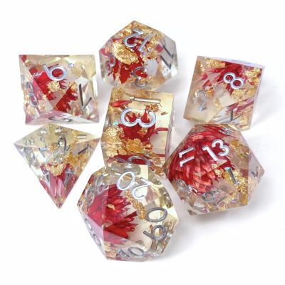 Sages Portal Enchanted Flowers DND Dice Set Resin Sharp Edge Polyhedral Dice for Dungeons and Dragons Pathfinder TTRPG (Red Flower)