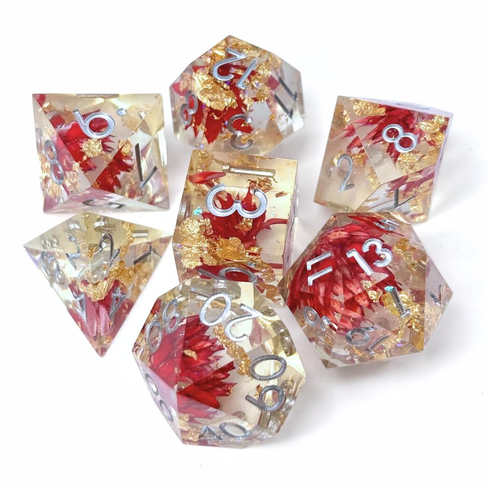 Sages Portal Enchanted Flowers DND Dice Set Resin Sharp Edge Polyhedral Dice for Dungeons and Dragons Pathfinder TTRPG (Red Flower)