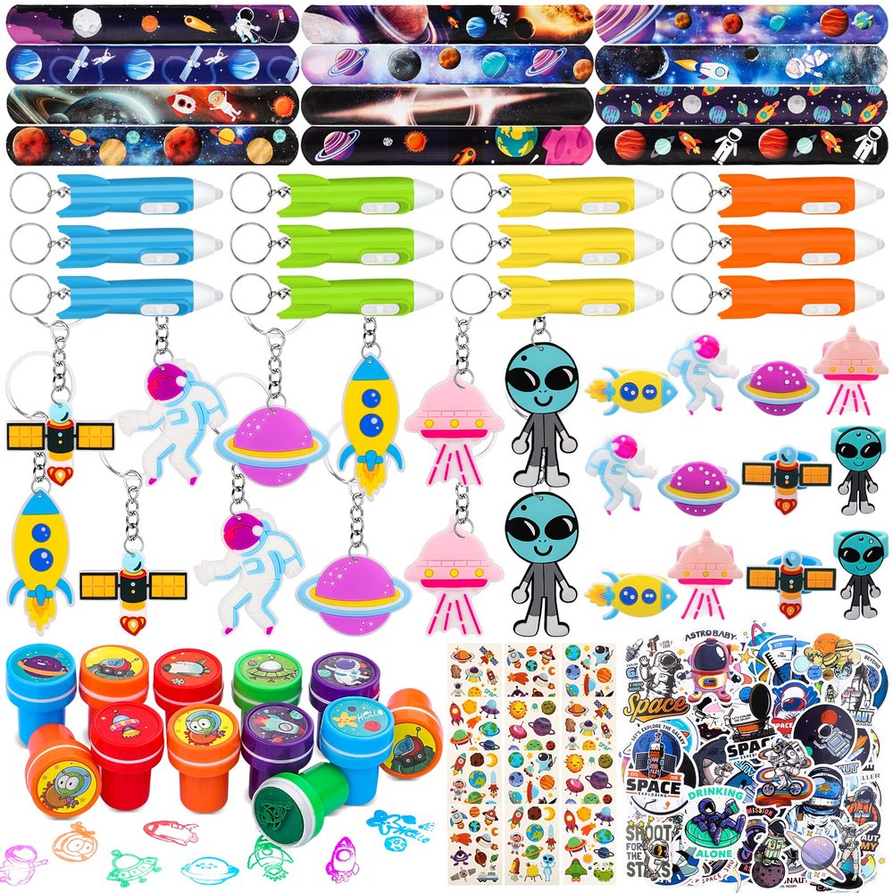 Aoocoeo Space Party Favors for Kids Outer Space Themed Birthday Party Supplies, Party Favors Space Toys Included Mini Toys, Slap Bracelet, Sticker, Necklace,Keychains