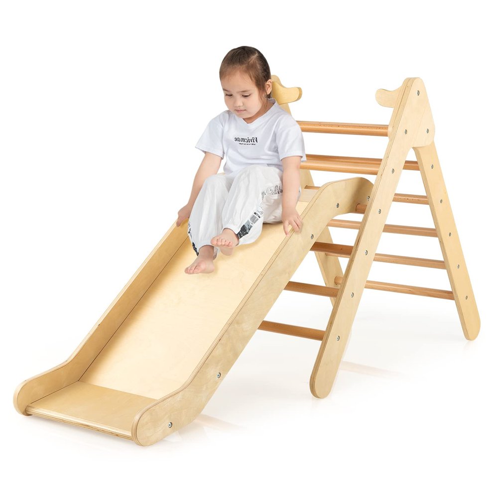 GLACER Toddler Triangle Ladder w/Ramp, 2-in-1 Wood Triangle Climbing Toy w/Gradient Adjustable Slide, Safety Handrails, Indoor/Outdoor Kids Play Gym Activity Climber for Home (Natural)