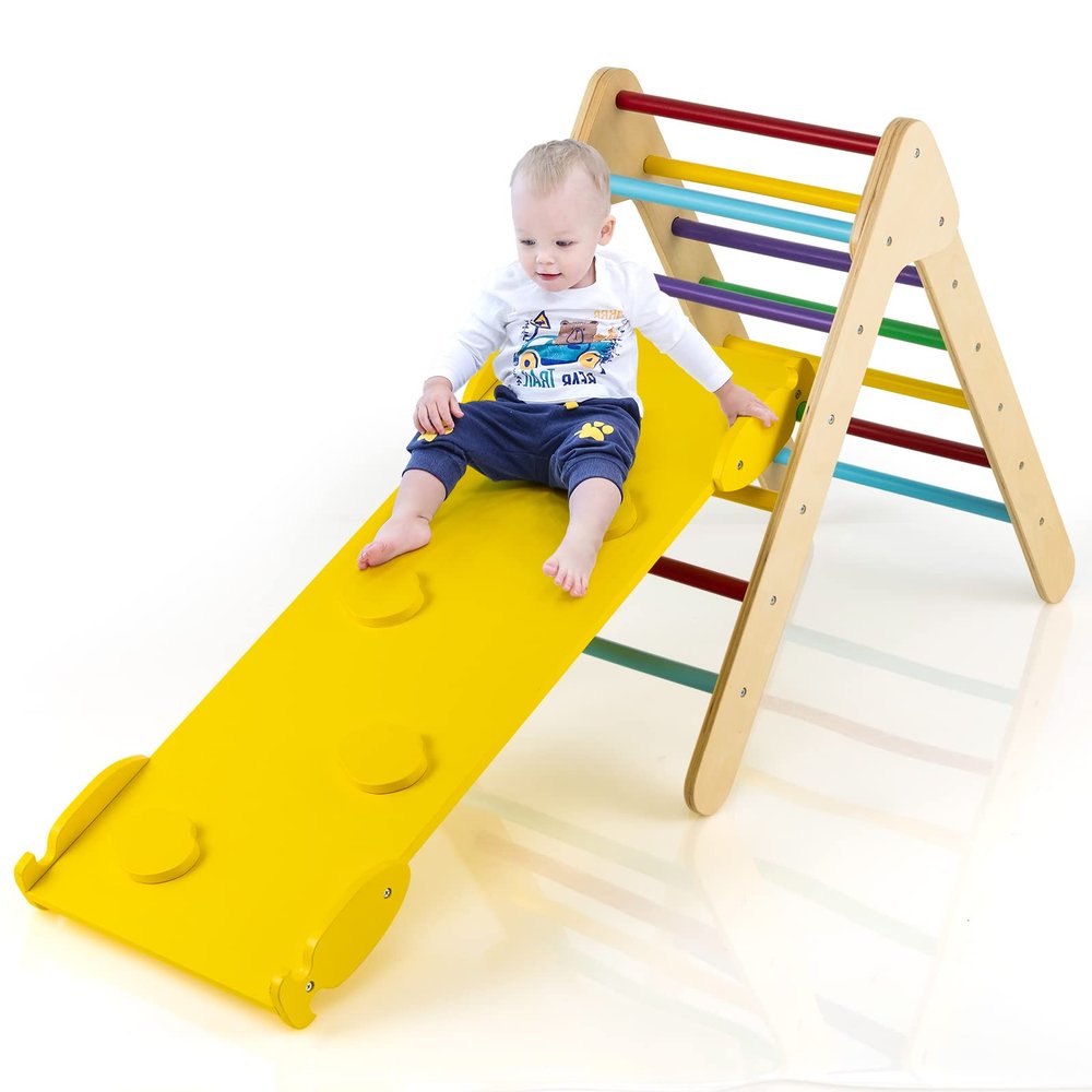 GLACER Climbing Triangle Ladder w/Ramp, Wooden Climbing Triangle w/ 2-in-1 Reversible Ramp, Toddlers Climbing Toy for Climbing & Sliding, Kids Playground for Living Room, Kids Room (Colorful)