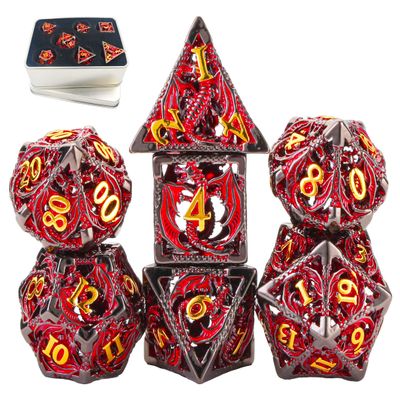 Metal DND Dice Set Dungeons and Dragon Dice Set Hollow Dragon Polyhedral Magic 7 PCS Dice Set with Gift Metal Box for Dungeons and Dragons Table Games Play Cards MTG(Dragon_Black Red Plus Gold)
