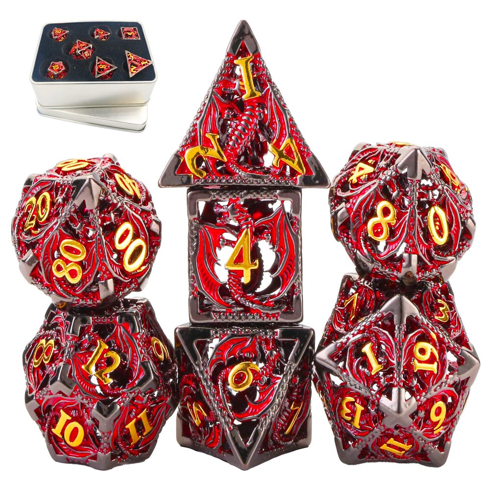 Metal DND Dice Set Dungeons and Dragon Dice Set Hollow Dragon Polyhedral Magic 7 PCS Dice Set with Gift Metal Box for Dungeons and Dragons Table Games Play Cards MTG(Dragon_Black Red Plus Gold)