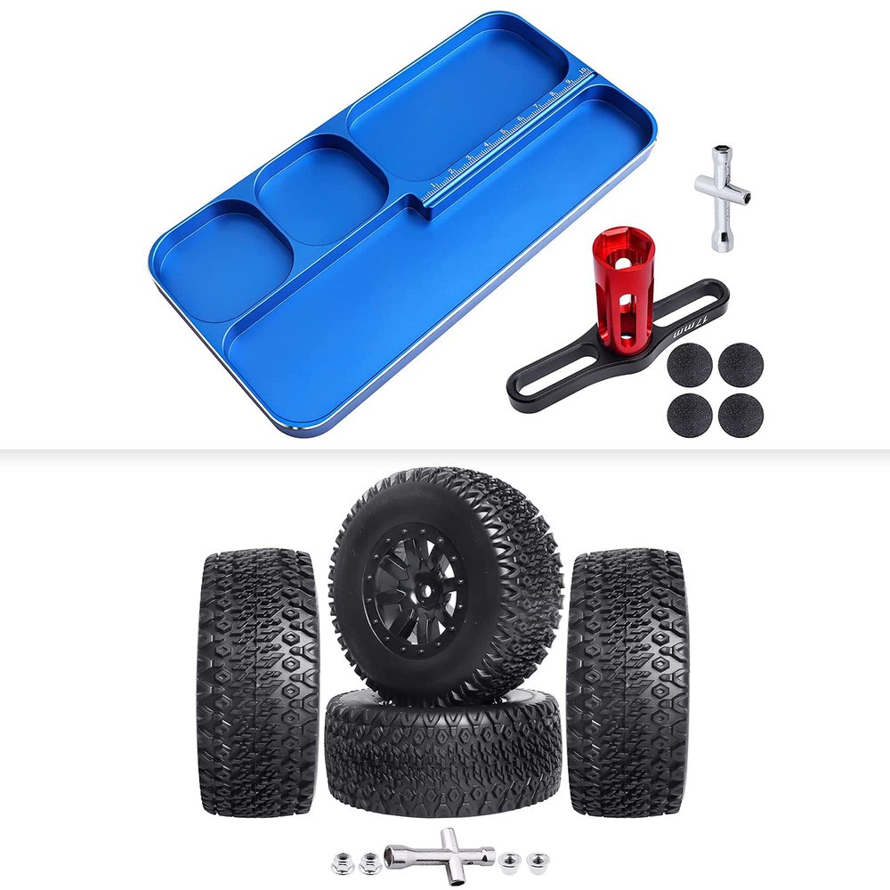 1/10 RC Short Course Truck Tires and Wheels Pre-Glued (4PCS) & Aluminum RC Screws Tray for Slash 4x4 2WD Losi SCT Redcat Blackout SC