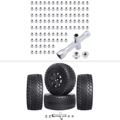 1/10 RC Short Course Truck Tires and Wheels Pre-Glued (4PCS) & M4 Lock Nuts (100PCS) for Slash 4x4 2WD Losi SCT Redcat Blackout SC