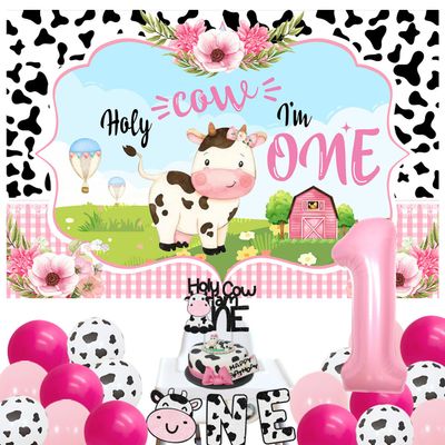 Holy Cow I I'M One Birthday Decorations for Boys Girls Cow 1st Birthday Decorations Kit Holy Cow I'm One Backdrop Black Cows Prints Glitter Banner Highchair Banner Cake Topper Number 1 Balloons (Pink)
