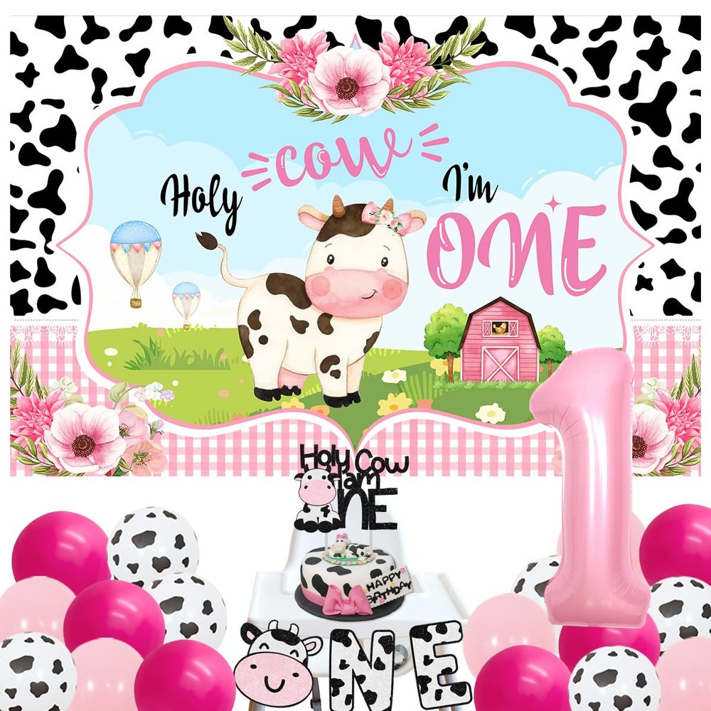Holy Cow I I'M One Birthday Decorations for Boys Girls Cow 1st Birthday Decorations Kit Holy Cow I'm One Backdrop Black Cows Prints Glitter Banner Highchair Banner Cake Topper Number 1 Balloons (Pink)