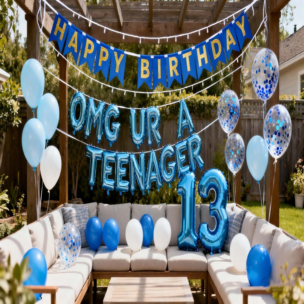 13th Birthday Decorations Blue for Boys, OMG UR A Teenager Happy 13th Birthday Banner Number 13 Star Foil Balloons with Blue Confetti Balloons for 13 Year Old Decorations Boys(13th)