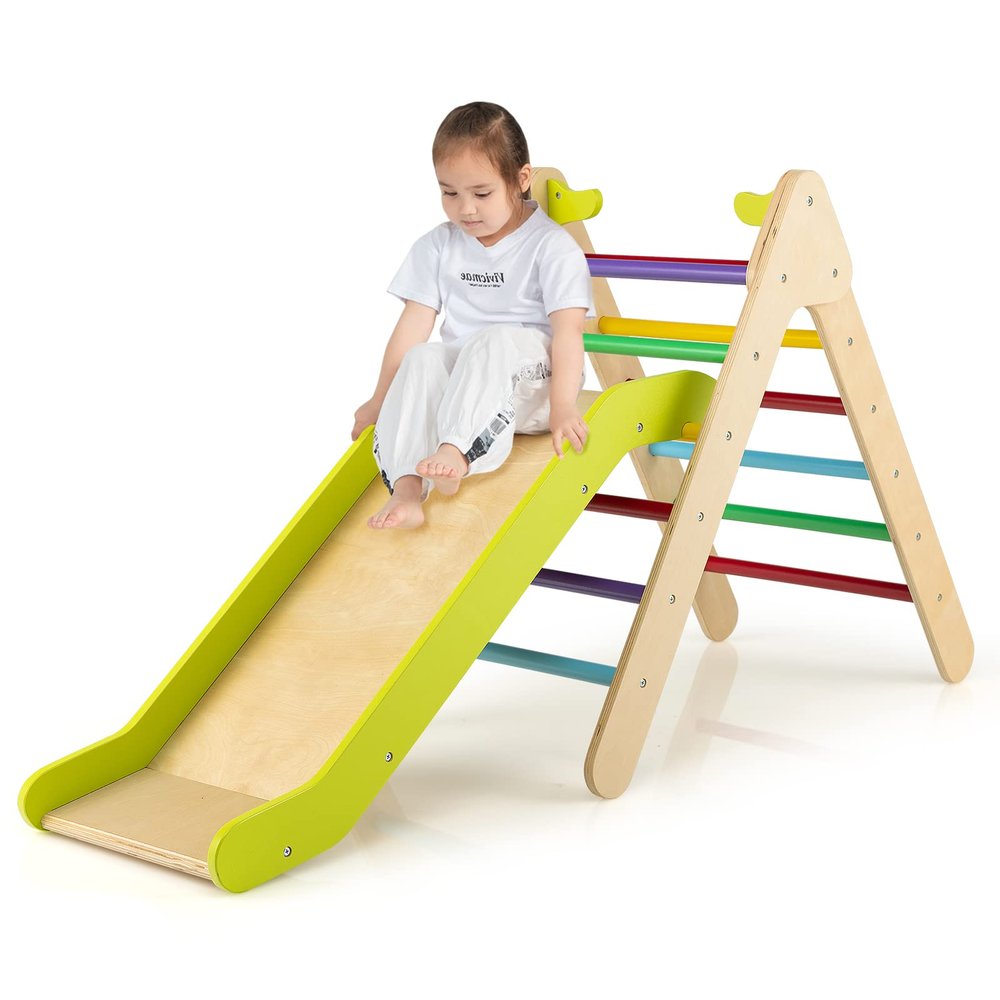 GLACER Toddler Triangle Ladder w/Ramp, 2-in-1 Wood Triangle Climbing Toy w/Gradient Adjustable Slide, Safety Handrails, Indoor/Outdoor Kids Play Gym Activity Climber for Home (Colorful)