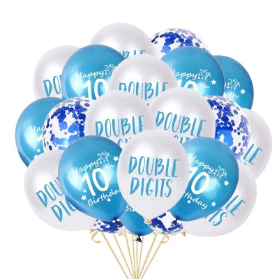 10th Birthday Balloon, Double Digits Happy 10th Birthday Latex Confetti Balloon Ribbons for 10th Boys Birthday Party Decorations 10 Year Old Birthday Supplies 12inch (Blue)