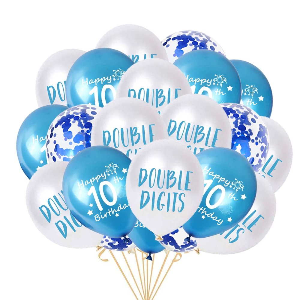 10th Birthday Balloon, Double Digits Happy 10th Birthday Latex Confetti Balloon Ribbons for 10th Boys Birthday Party Decorations 10 Year Old Birthday Supplies 12inch (Blue)