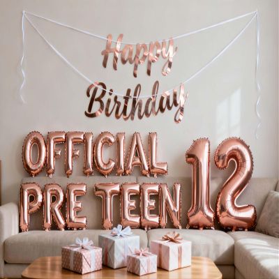 12th Birthday Decorations for Girls, Official Pre-Teen 12th Birthday Balloon 12th Birthday Banner Number 12 Foil Balloons for Her 12 Years Old Birthday Daughter Supplies Girls(12th Rose gold)
